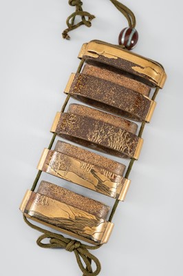 Lot 1401 - TATSUKE TAKAMASU: A FINE INLAID FOUR-CASE LACQUER INRO DEPICTING A HUT