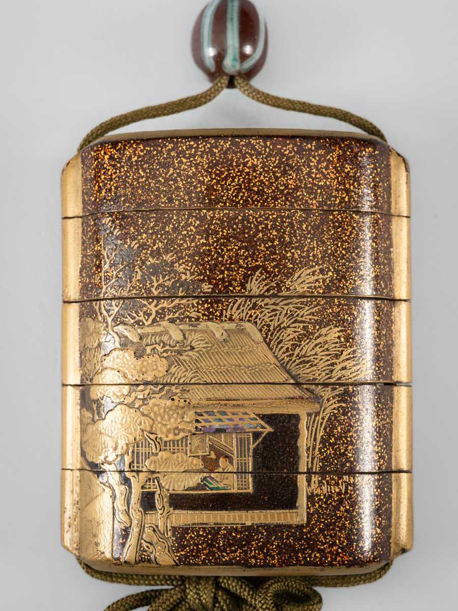 Lot 1401 - TATSUKE TAKAMASU: A FINE INLAID FOUR-CASE LACQUER INRO DEPICTING A HUT