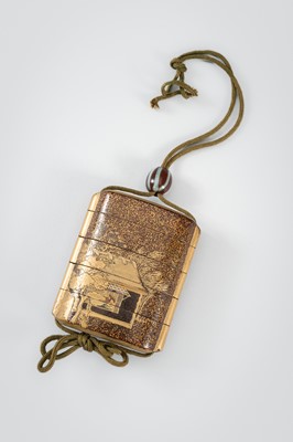 Lot 1401 - TATSUKE TAKAMASU: A FINE INLAID FOUR-CASE LACQUER INRO DEPICTING A HUT