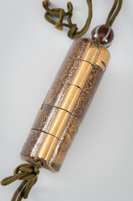 Lot 1401 - TATSUKE TAKAMASU: A FINE INLAID FOUR-CASE LACQUER INRO DEPICTING A HUT