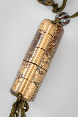 Lot 1401 - TATSUKE TAKAMASU: A FINE INLAID FOUR-CASE LACQUER INRO DEPICTING A HUT