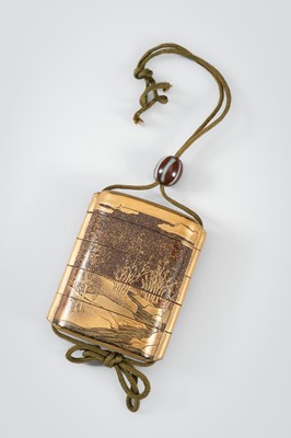 Lot 1401 - TATSUKE TAKAMASU: A FINE INLAID FOUR-CASE LACQUER INRO DEPICTING A HUT