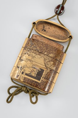 Lot 1401 - TATSUKE TAKAMASU: A FINE INLAID FOUR-CASE LACQUER INRO DEPICTING A HUT