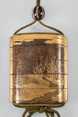 Lot 1401 - TATSUKE TAKAMASU: A FINE INLAID FOUR-CASE LACQUER INRO DEPICTING A HUT