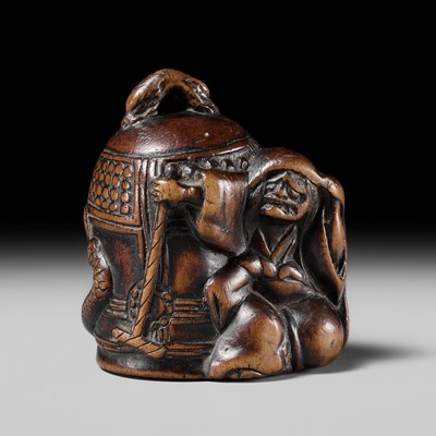 Lot 156 - MASAHISA: A LARGE NAGOYA SCHOOL WOOD NETSUKE OF KIYOHIME