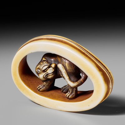 Lot 100 - ANRAKU: AN INGENIOUS IVORY NETSUKE OF A TIGER TAKING SHELTER WITHIN A BAMBOO SECTION