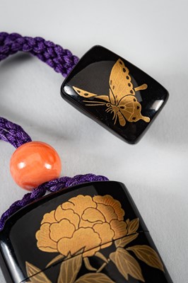 Lot 254 - KANYAMA: A MINIATURE TWO-CASE LACQUERED TORTOISE SHELL INRO