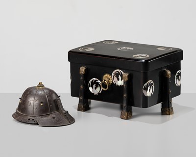 Lot 21 - MYOCHIN MUNEYUKI: A MINIATURE IRON KABUTO WITH MATCHING INLAID LACQUER BOX AND COVER