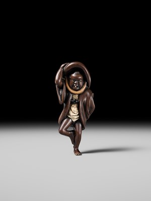 Lot 216 - MIWA: A RARE WOOD NETSUKE OF A SPARROW DANCER