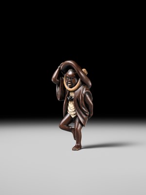 Lot 216 - MIWA: A RARE WOOD NETSUKE OF A SPARROW DANCER