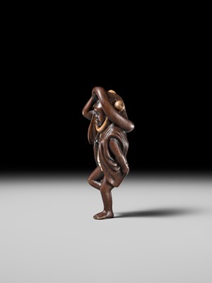 Lot 216 - MIWA: A RARE WOOD NETSUKE OF A SPARROW DANCER