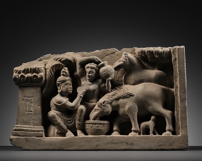 Lot 178 - A SCHIST PANEL DEPICTING THE BIRTH OF SIDDHARTHA’S HORSE KANTHAKA, ANCIENT REGION OF GANDHARA, 2ND-3RD CENTURY