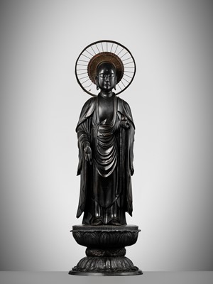 Lot 178 - A FINE AND LARGE BRONZE FIGURE OF JIZO BOSATSU, 18TH CENTURY
