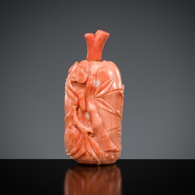 Lot 490 - A CORAL ‘BAMBOO AND LINGZHI’ SNUFF BOTTLE, MID-QING DYNASTY