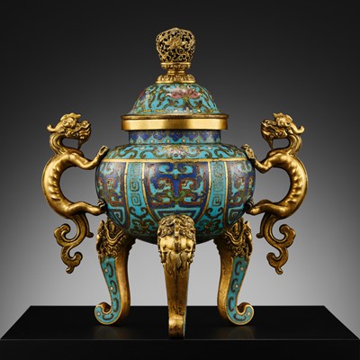 Lot 81 - A CLOISONNÉ ENAMEL 'TAOTIE' TRIPOD CENSER AND COVER, QIANLONG PERIOD