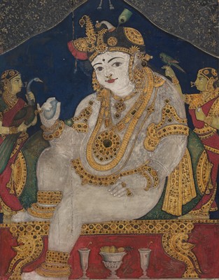 Lot 641 - A TANJORE PAINTING OF KRISHNA ENTHRONED WITH ATTENDANTS