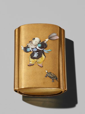 Lot 54 - A SUPERB GOLD-LACQUER SHIBAYAMA-INLAID FOUR-CASE SAYA (SHEATH) INRO DEPICTING A KARAKO AND HANAKAGO (FLOWER BASKET)