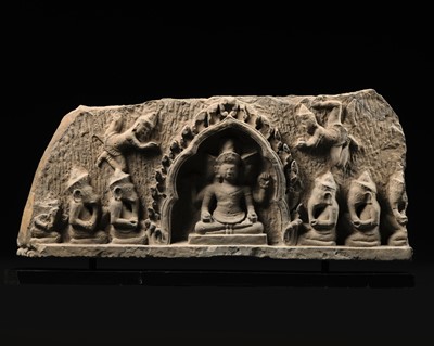 Lot 268 - A SANDSTONE LINTEL DEPICTING BRAHMA WORSHIPPED BY GANESHAS, ANGKOR PERIOD