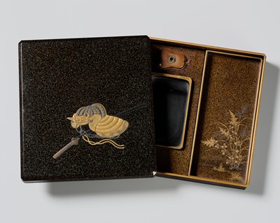 Lot 301 - A SUPERB LACQUER SUZURIBAKO (WRITING BOX) DEPICTING SAMURAI ACCOUTREMENTS AND DEER WITH AUTUMN GRASSES