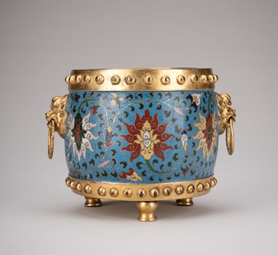 Lot 768 - A DRUM-SHAPED CLOISONNÉ ENAMEL AND GILT CENSER, c. 1900s