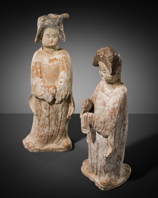 Lot 237 - A PAIR OF PAINTED POTTERY FIGURES OF COURT LADIES, TANG DYNASTY