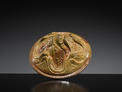 Lot 219 - A GREEN-GLAZED POTTERY ‘HILL’ TRIPOD JAR AND COVER, LIAN, HAN DYNASTY