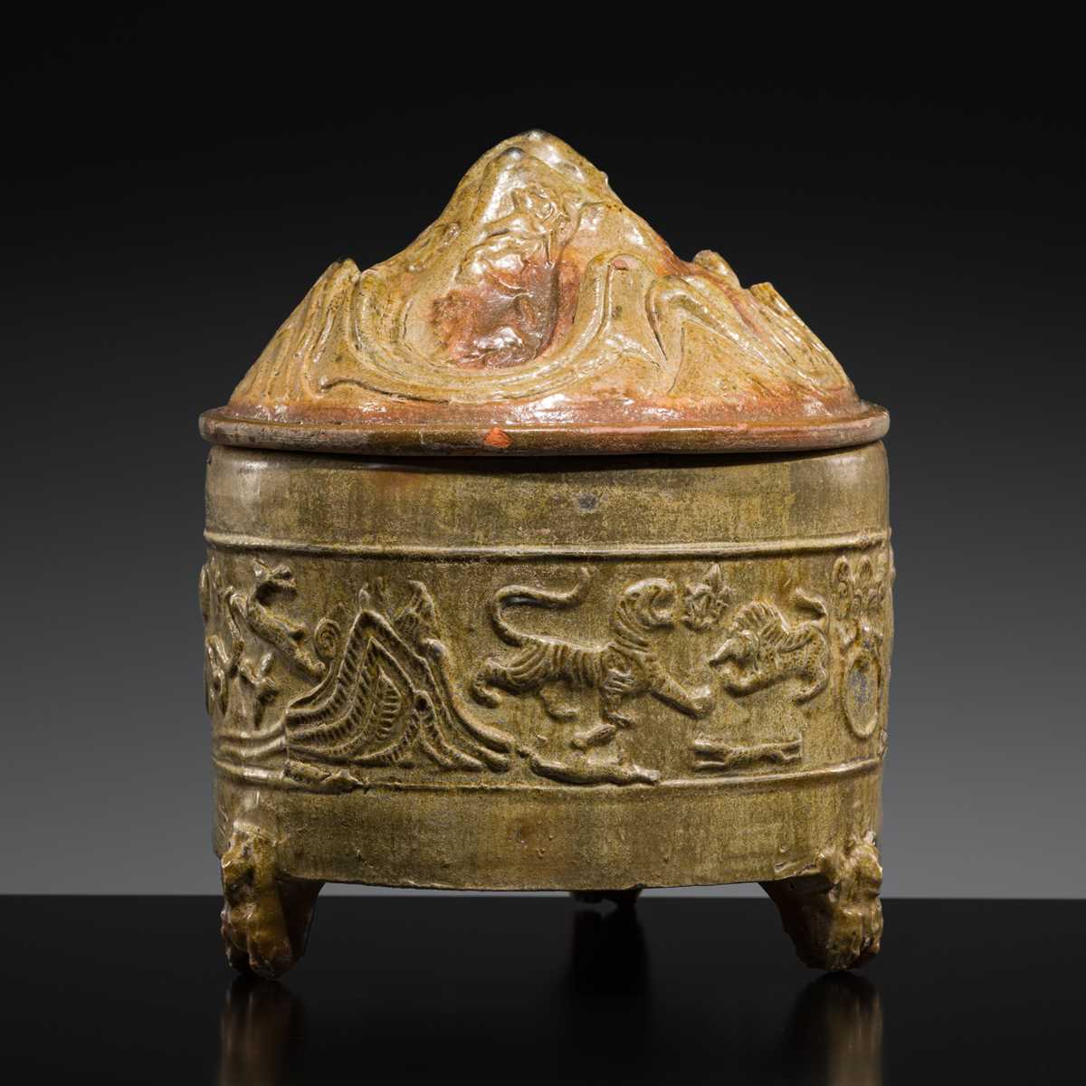 Lot 219 - A GREEN-GLAZED POTTERY ‘HILL’ TRIPOD JAR AND COVER, LIAN, HAN DYNASTY