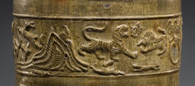 Lot 219 - A GREEN-GLAZED POTTERY ‘HILL’ TRIPOD JAR AND COVER, LIAN, HAN DYNASTY