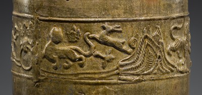 Lot 219 - A GREEN-GLAZED POTTERY ‘HILL’ TRIPOD JAR AND COVER, LIAN, HAN DYNASTY