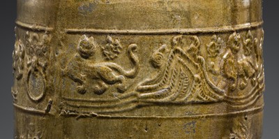 Lot 219 - A GREEN-GLAZED POTTERY ‘HILL’ TRIPOD JAR AND COVER, LIAN, HAN DYNASTY