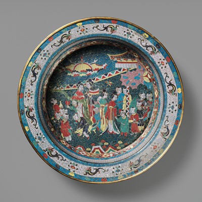 Lot 403 - A LARGE ‘SPRING FESTIVAL’ CLOISONNÉ BASIN, LATE MING DYNASTY