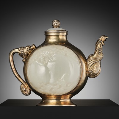 Lot 109 - A WHITE JADE AND GILT SILVER 'DRAGON AND PHOENIX' EWER