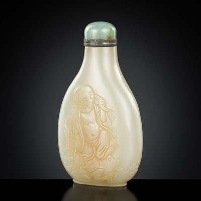 Lot 481 - A PALE CELADON JADE ‘LIU HAI AND TOAD’ SNUFF BOTTLE, 18TH CENTURY