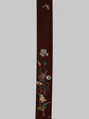 Lot 349 - KAN: A FINE LACQUERED AND POTTERY-INLAID WALL PANEL WITH PEONIES AND BUTTERFLY