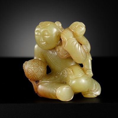 Lot 458 - A YELLOW JADE ‘BOYS AT PLAY’ GROUP, QING DYNASTY