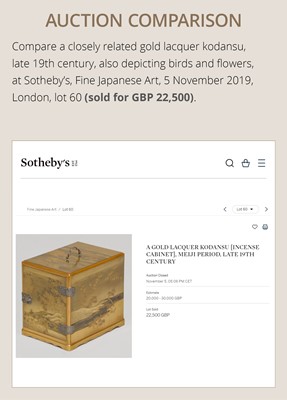 Lot 107 - A SUPERB GOLD LACQUER MINIATURE KODANSU (SMALL INCENSE CABINET) DEPICTING BIRDS AND FLOWERS