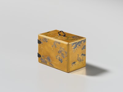 Lot 107 - A SUPERB GOLD LACQUER MINIATURE KODANSU (SMALL INCENSE CABINET) DEPICTING BIRDS AND FLOWERS