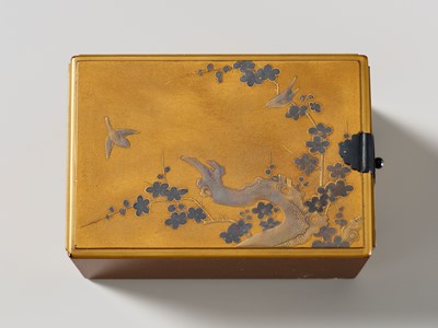 Lot 107 - A SUPERB GOLD LACQUER MINIATURE KODANSU (SMALL INCENSE CABINET) DEPICTING BIRDS AND FLOWERS