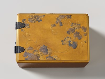 Lot 107 - A SUPERB GOLD LACQUER MINIATURE KODANSU (SMALL INCENSE CABINET) DEPICTING BIRDS AND FLOWERS