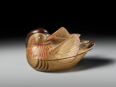 Lot 490 - SHUNSHO: A FINE AND LARGE LACQUER HAKO NETSUKE OF AN OSHIDORI (MANDARIN DUCK)