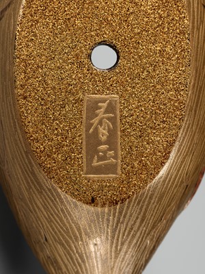 Lot 490 - SHUNSHO: A FINE AND LARGE LACQUER HAKO NETSUKE OF AN OSHIDORI (MANDARIN DUCK)