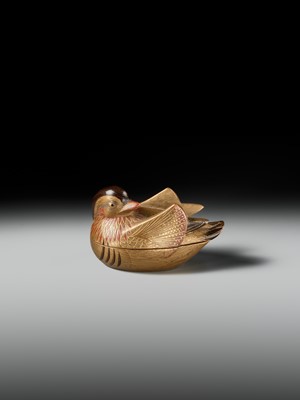 Lot 490 - SHUNSHO: A FINE AND LARGE LACQUER HAKO NETSUKE OF AN OSHIDORI (MANDARIN DUCK)