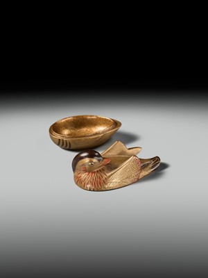 Lot 490 - SHUNSHO: A FINE AND LARGE LACQUER HAKO NETSUKE OF AN OSHIDORI (MANDARIN DUCK)