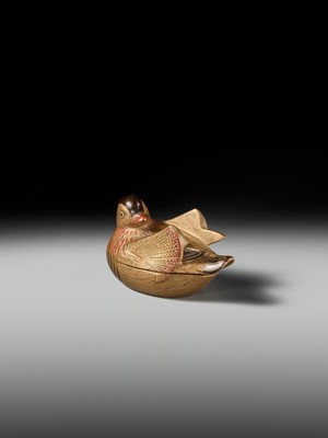Lot 490 - SHUNSHO: A FINE AND LARGE LACQUER HAKO NETSUKE OF AN OSHIDORI (MANDARIN DUCK)