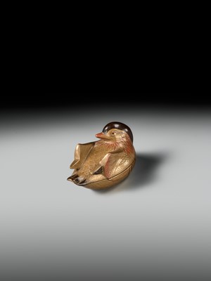 Lot 490 - SHUNSHO: A FINE AND LARGE LACQUER HAKO NETSUKE OF AN OSHIDORI (MANDARIN DUCK)