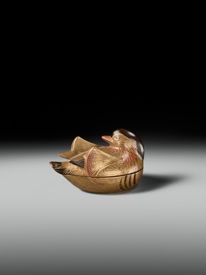 Lot 490 - SHUNSHO: A FINE AND LARGE LACQUER HAKO NETSUKE OF AN OSHIDORI (MANDARIN DUCK)