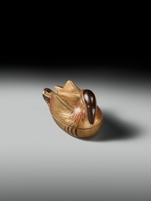Lot 490 - SHUNSHO: A FINE AND LARGE LACQUER HAKO NETSUKE OF AN OSHIDORI (MANDARIN DUCK)