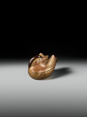 Lot 490 - SHUNSHO: A FINE AND LARGE LACQUER HAKO NETSUKE OF AN OSHIDORI (MANDARIN DUCK)