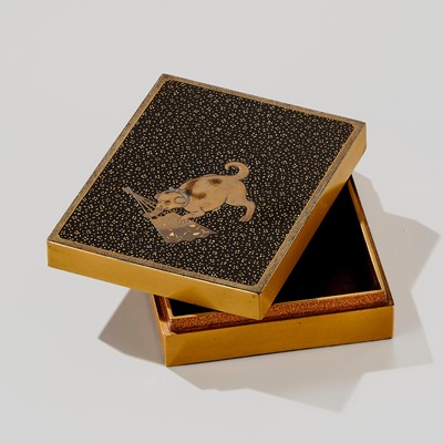 Lot 316 - HARUMASA: A LACQUER KOGO (INCENSE BOX) AND COVER WITH PUPPY AND FAN