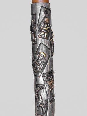 Lot 60 - KAZUYOSHI: A RARE AND LARGE INLAID SILVER AND BAMBOO KISERU (PIPE)